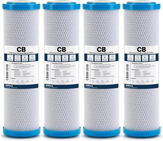 iFilters 0.5-Micron Carbon Block Water Filter – Coconut Shell CTO Drinking Water Filter Cartridge – 10-inch Replacement for Filtration Systems – 2.5" x 10" (4 Pack, Filter)