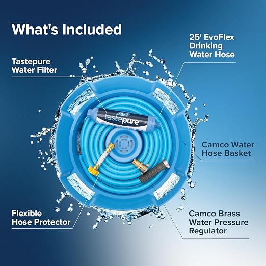 Camco Tastepure RV Freshwater Kit - Includes Tastepure RV Water Filter, Flexible Hose Protector, EvoFlex 25' Drinking Water Hose, Brass RV Water Pressure Regulator & Carrying Basket (20160)