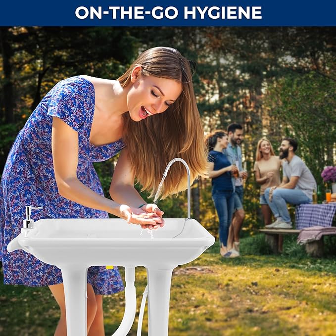 SereneLife Portable Hand Washing Station, 100+ Hand Washes, Hands-Free Foot Pump, Soap Dispenser, and Drain Hose, Ideal for Outdoor Events, Camping, Boating and Worksites
