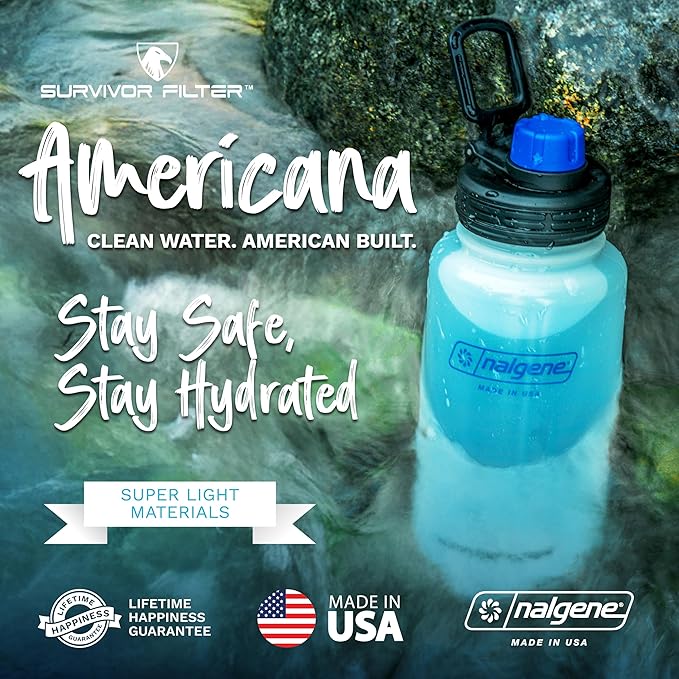 Survivor Filter Americana Ultra Light Filtered Water Bottle – 33.8 oz (1L) – Made in USA – Portable Water Bottle with Filter for Travel, Hiking, Gym & Everyday Use