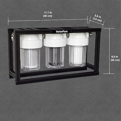 S3 Mini External 3-Stage RV Fresh Water Filter System, Compact, 5 Inch Filters, 3/4" GHT Stainless Steel Fittings, Reduce Sediment, Chlorine, Odor, All Aluminium Free-Standing Chassis, Clear