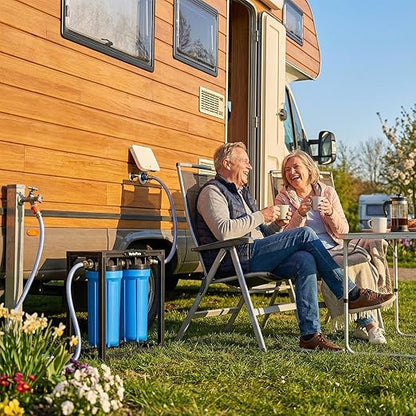 S2 PRO External 2-Stage RV Fresh Water Filter System, High Flow, Oversized Housings, 3/4" GHT Stainless Steel Fittings, Reduce Sediment, Chlorine, Odor, All Aluminium Free-Standing Chassis, Blue