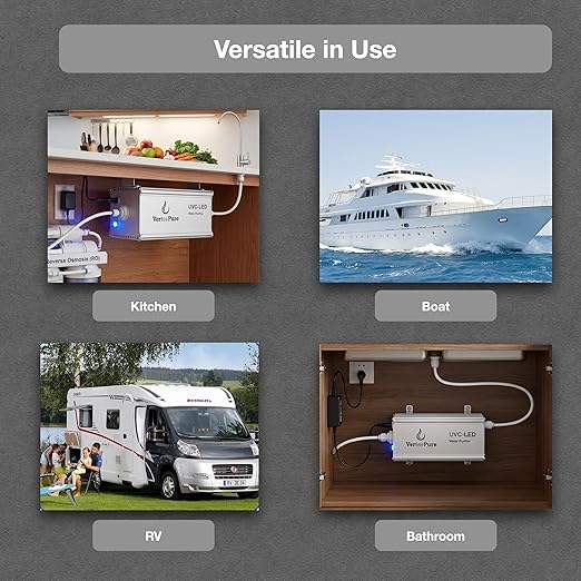 VP2 Mini UV-C LED Ultraviolet Water Filter Purifier, Reduce up to 99.99% of Contaminants at Flow Rate 0.52GPM, Smart On/Off Switch, 12V DC for RV Boats Off-Grid Livings, Mercury Free