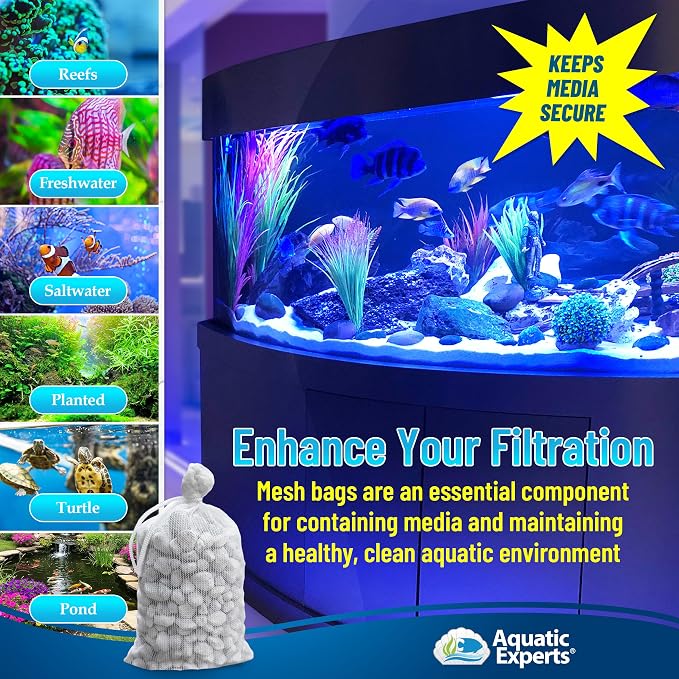 Aquatic Experts High Flow Filter Media Bag - Durable Filter Bags for Fish Tank, Secure Aquarium Media Bag with Drawstring, Media Bags for Aquarium and Pond, High Flow (White), 3” x 8” - 4 Pack