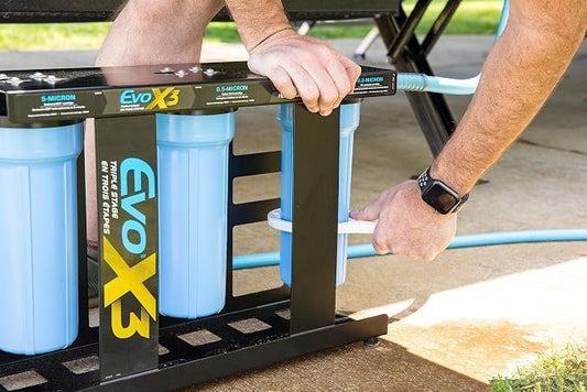 Camco Evo X3 Triple Stage Premium RV Water Filter Kit — Travel Accessory for Clean, Great-Tasting Water — Superior 0.2-Micron Filtration — Carbon Water Filter Removes Viruses, Bacteria, etc.