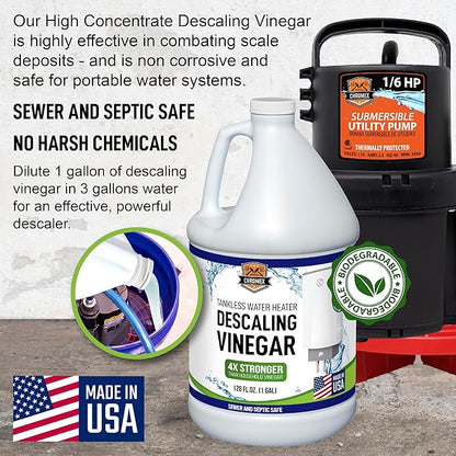 Chromex Tankless Water Heater Flush Kit with Concentrated Vinegar, Dilutes to 4 Gallons and 1/6HP Extra Strength Pump