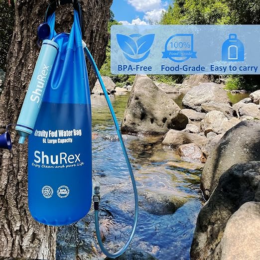 6L Gravity Fed Water Filtration System with Adjustable Tree Strap | 1.5 Gal Large Gravity Bag with Filter Straw, Water Purifier Survival for Travel, Backpacking, and Emergency Preparedness (6L)