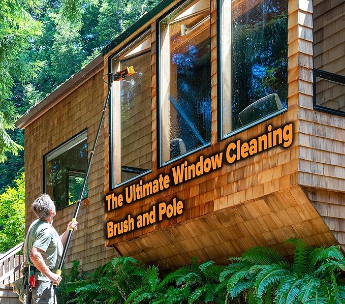 5-24 ft Water Fed Pole Window Cleaning System // Professional Telescopic Solar Panel Cleaning Equipment // Water Fed Brush with Upper Rinse Bar, 10" Squeegee, Water Filter, Soap Dispenser & Water Hose