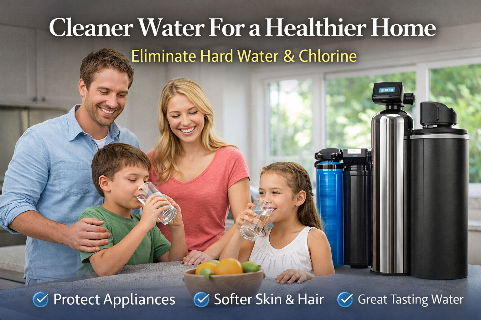 Family drinking water from a faucet with water filtration system in the background