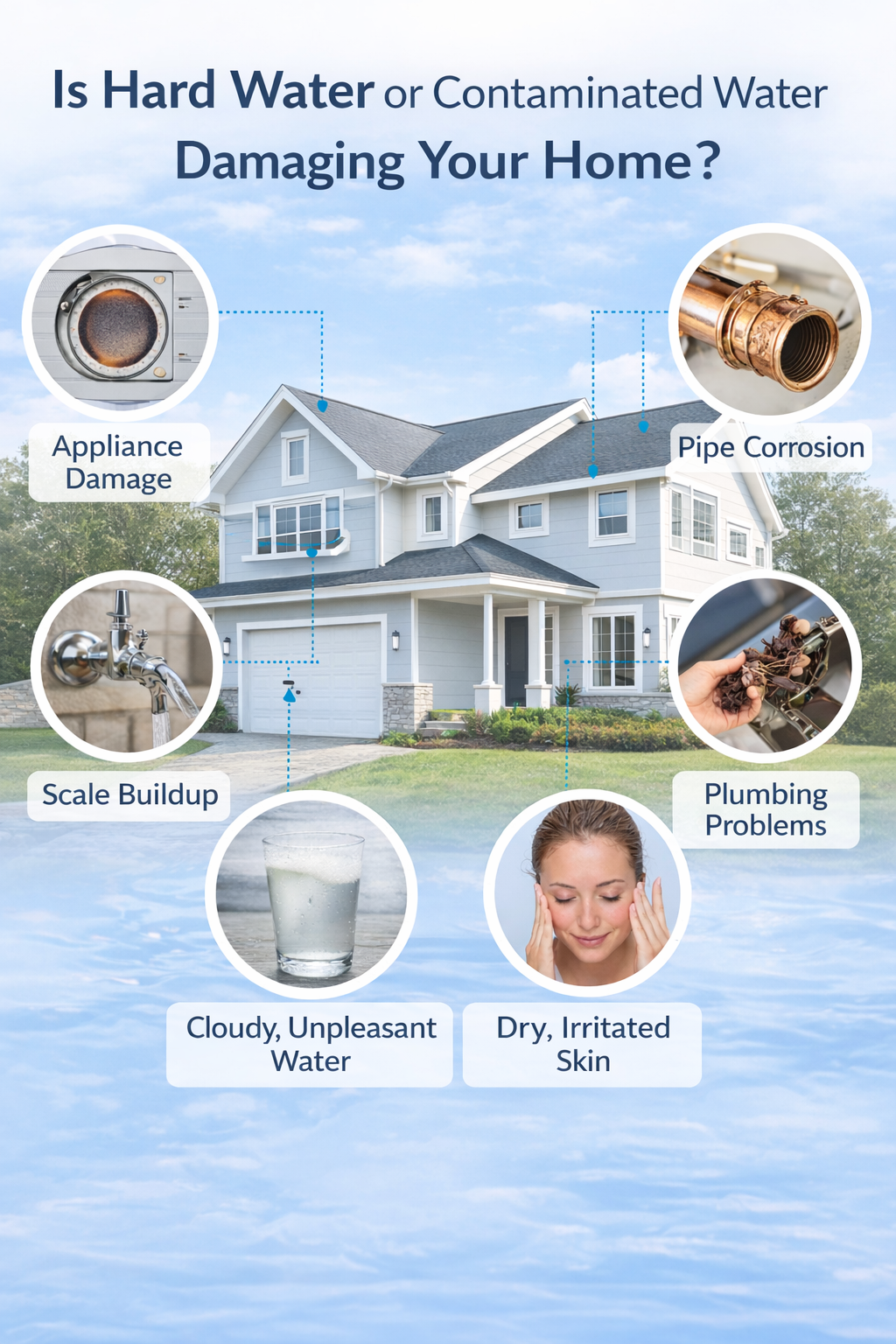 House with icons and text about hard water or contaminated water issues