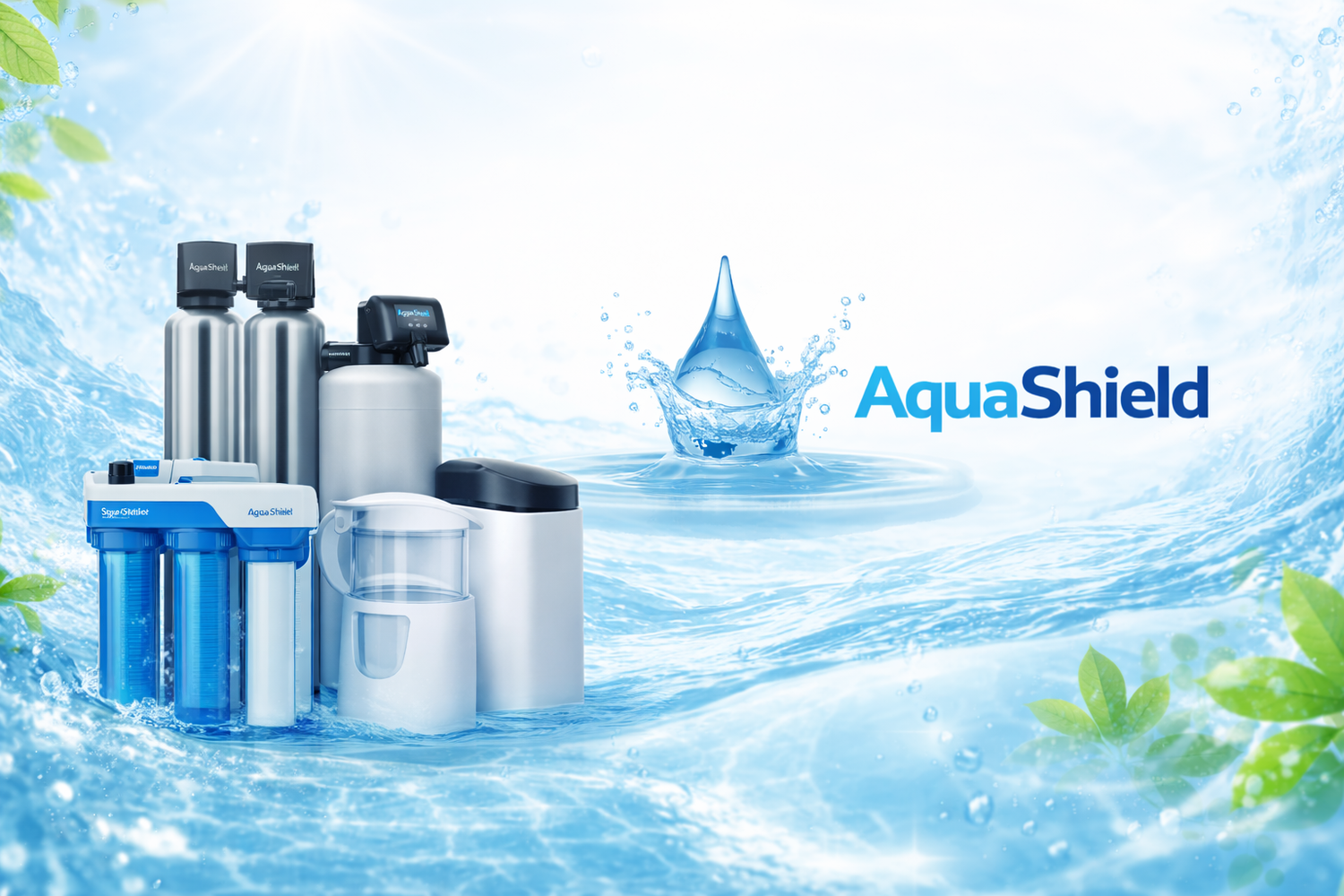 Aquasheild water filtration system with water droplet and leaves on a light blue background