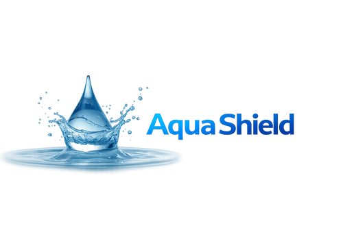Aqua Shield logo with a water droplet and splash on a white background